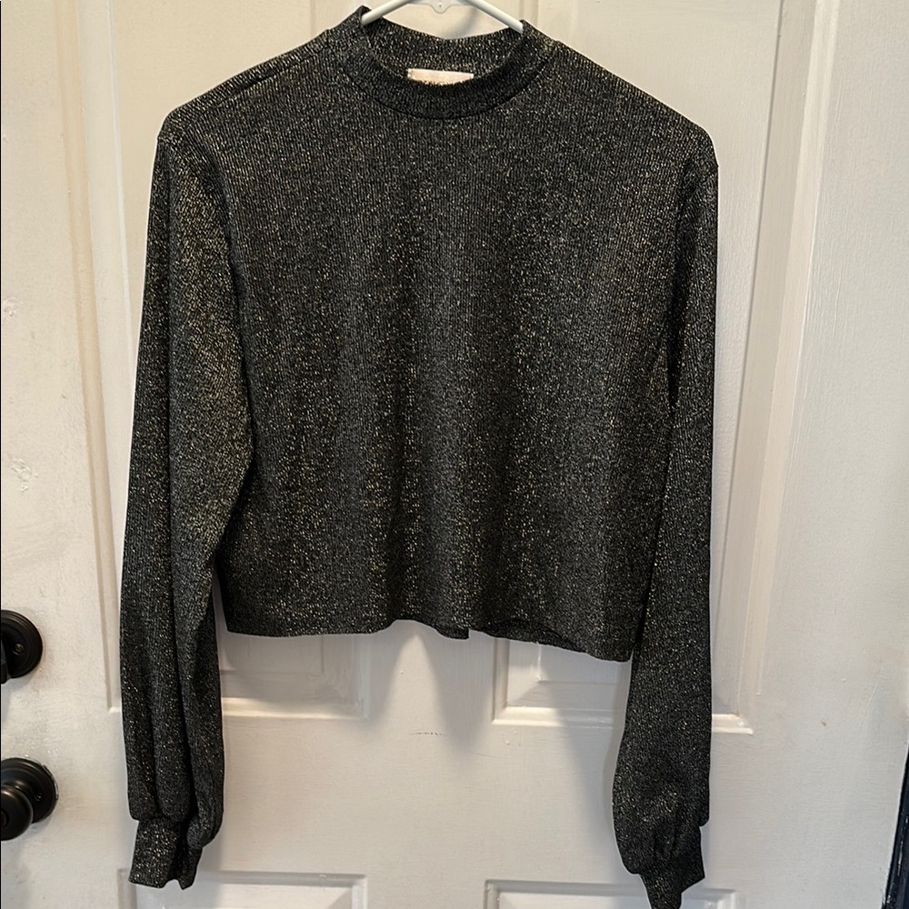 NWOT BEACHRIOT BLACK Sparkly Long Sleeve Ribbed Crop Sweatshirt